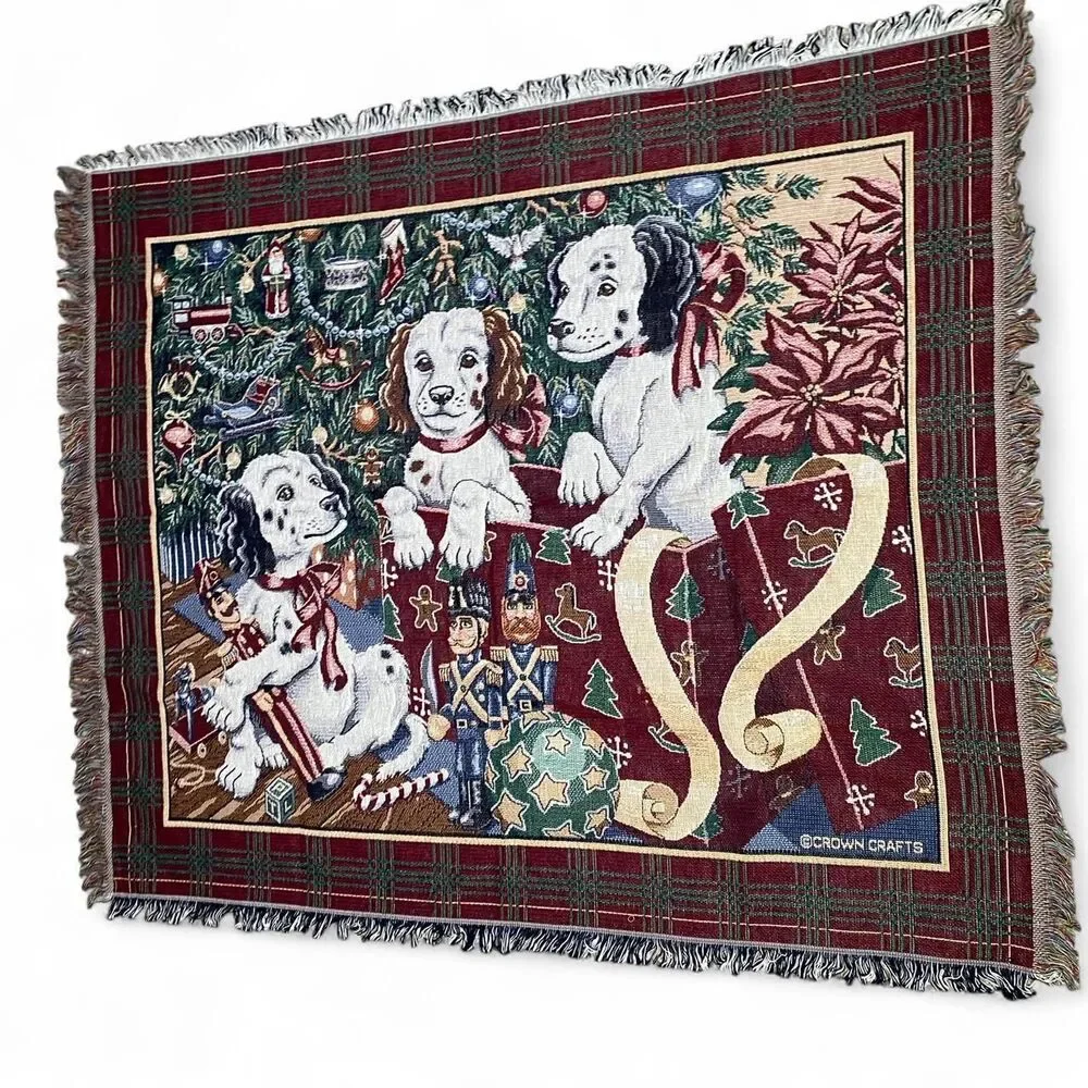Vintage  Crown Crafts Dog Puppy Christmas holiday blanket